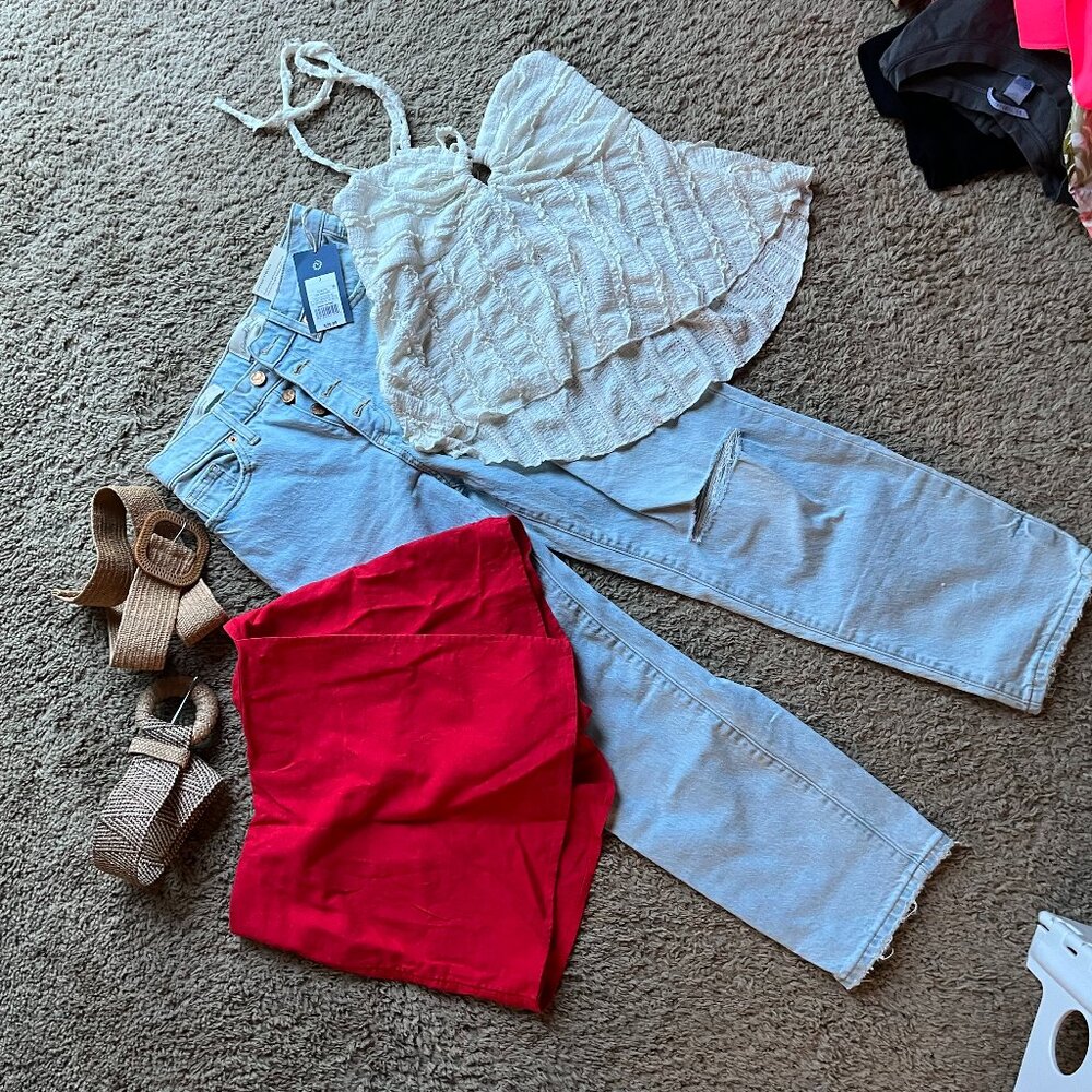 5pc Coastal Summer Capsule Wardrobe Bundle XS/S Jeans Skort Top Belts